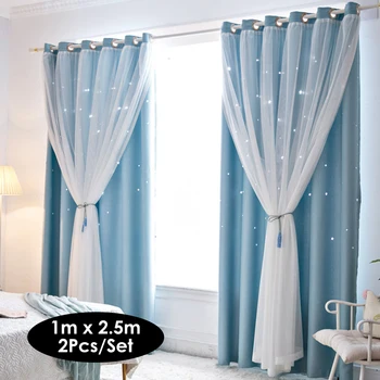 

2Pcs planetarium windows Modern Room Curtains Window Curtain Hollowed Out Stars Shading Curtain Drape Purdah for Home Bedroom