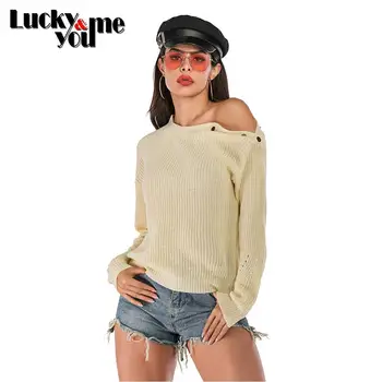 

New Arrive 2020 Womens Autumn Fashion High Street Solid O-Neck Pullovers Sweater Tops Girls Fall Sexy Strapless Crochet Sweater