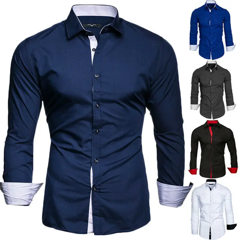 Модная мужская Роскошная рубашка с длинным рукавом и отложным воротником, умная Повседневная приталенная клетчатая рубашка, топы белого, черного, Королевского синего цвета