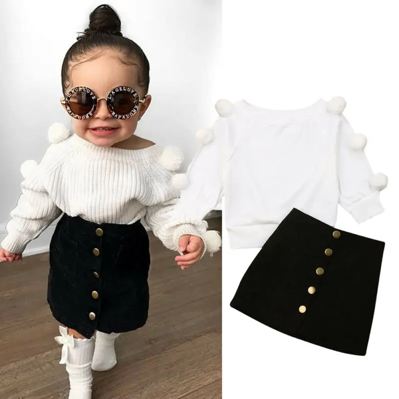 Imcute, Детский комплект на осень-зиму для маленьких девочек, белый вязаный Топ с помпонами+ черная мини-юбка на пуговицах теплые комплекты одежды