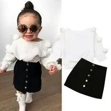 Imcute, Детский комплект на осень-зиму для маленьких девочек, белый вязаный Топ с помпонами+ черная мини-юбка на пуговицах теплые комплекты одежды