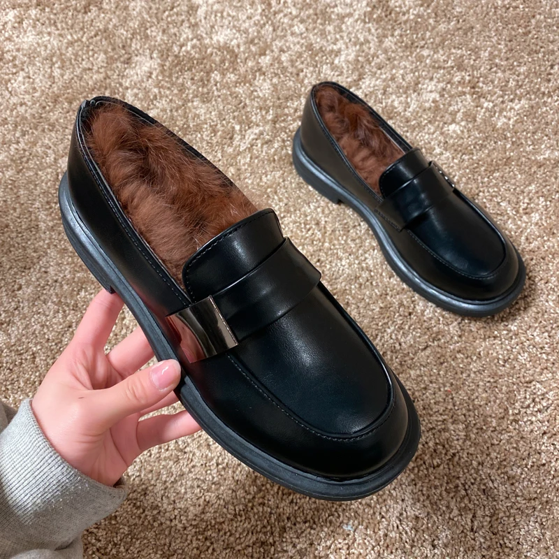 

Loafers Fur Flat Black Shoes For Women British Style Women's Heels Oxfords Modis All-Match Casual Female Sneakers Autumn Round