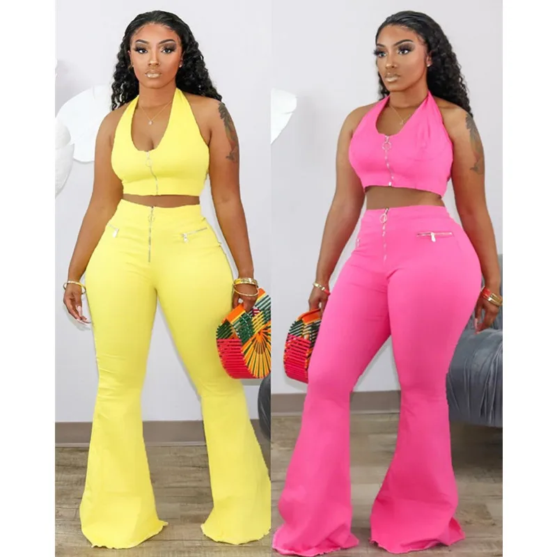 

Echoine Fashion Sexy Solid Color Halter Wide Leg Zip Two-Piece Set Lace Up Sleeveless Casual Lounge Wear Sports Female Tracksuit