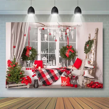 

Christmas Tree Backdrop Photography Winter Newborn Window Wood Background for Photo Studio Snow Reinder Photocall
