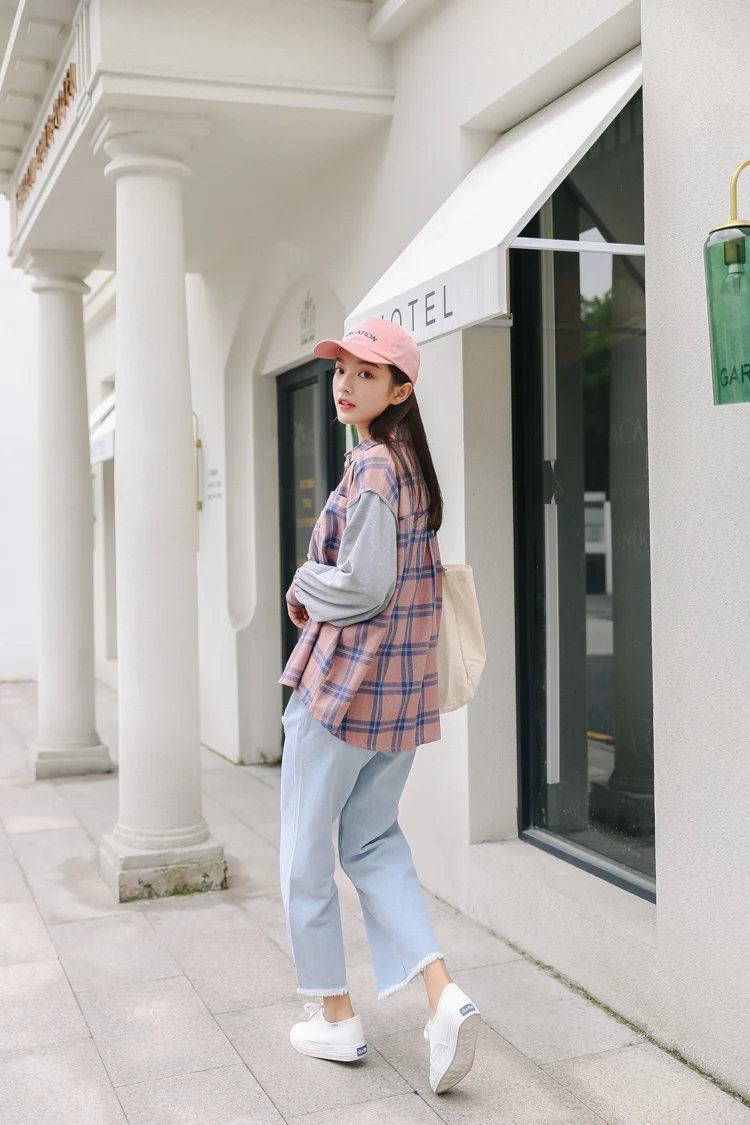 Женские летние рубашки Kawaii Ulzzang, милая Свободная рубашка в клетку, Женская милая Туника Harajuku, милый Топ для женщин