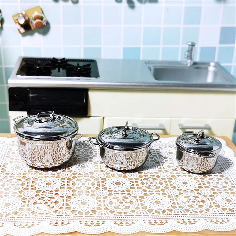 1PCS Metal 1/6 1/12 Scale Dollhouse Miniature Pot Pretend Play Kids Mini Kithcen Cooking Utensil Accessories Toy 3 Size