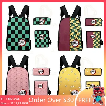 

New Backpack Demon Slayer Backpack Three-Piece Oxford Chain Bag Set Backpack Pencil Case for School Gifts