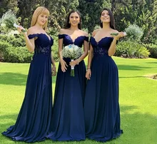 Navy Blue Bridesmaid Dress For Wedding Illusion Top Off Shoulder Chiffon Applique Sequin V-neck A-line Robe De Soirée De Mariage