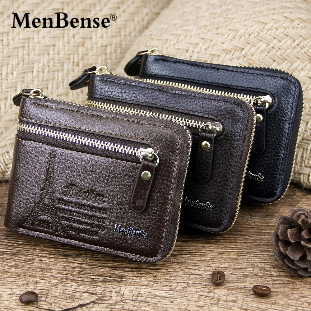 De los hombres Cartera de cuero genuino, cartera Vintage carteras masculinas cremallera Poucht de hombre bolso bolsa de dinero Soporte para tarjeta suave Mini monederos