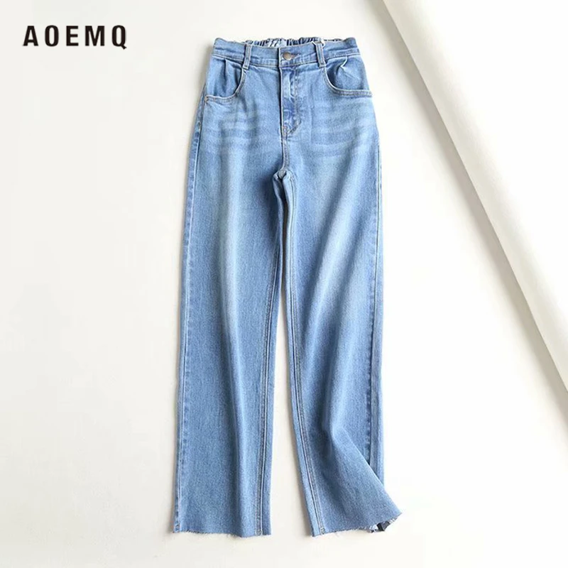 

AOEMQ Women's Casual Washing Bleached Elastic High Waist Straight Jeans Female Street Style Fashion Jeans New Arrival