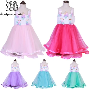 

Girl Dress Unicorn Embroidery Flower Beading Gauze Princess Dress Wedding Dress Kids Halloween Unicorn Cosplay Costume for girl