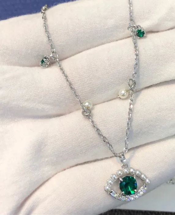 

Hot Famous brand Jewelry green eyes Necklace cubic zirconia cz pearl eyes pendant choker for women girls party jewelry