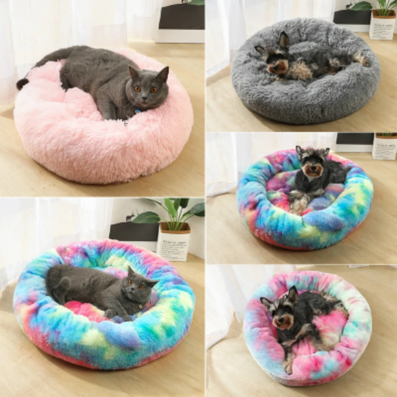 Кошка Кровать Круглый плюшевый домик мягкий длинный плюшевый Кот кровать круглая собака кровать для маленьких собак Лежанка для котов