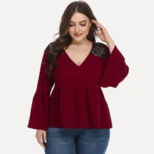 

Plus Size Autumn Fashion Patchwork Lace Hollow Out Blouse Ladies Loose Top Female Women Flare Sleeve Blusas Femininas Pullover