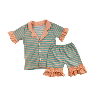 

girls pink and green color stripe outfits summer kids short sleeve pajamas