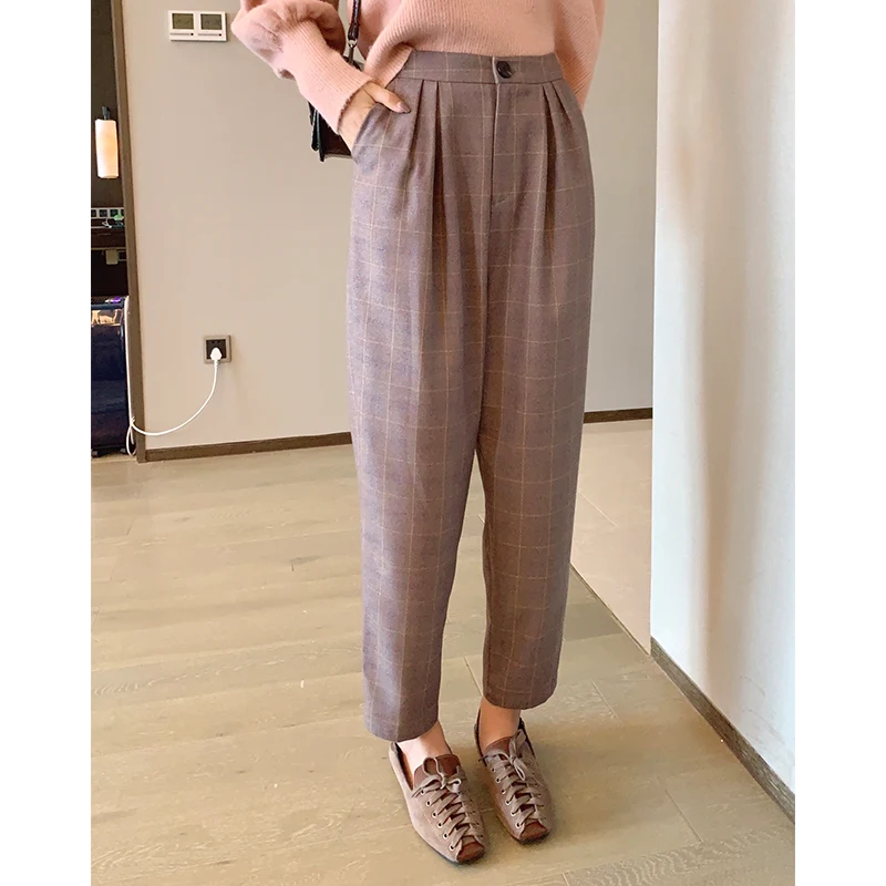 

Mishow 2019 Winter Vintage High Waist Pant Women Causal Pleated Loose Plaid Zipper Long Pant MX19D2127