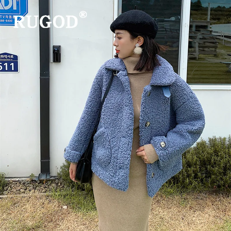 RUGOD/Винтажные однотонные пальто с изображением волка, женские корейские однобортные зимние меховые шубы, Женская мода, новая утепленная флисовая куртка, пальто