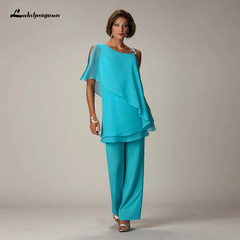 Two Pieces Chiffon Mother Of The Bride Pant Suits One Shoulder Wedding Guest Dress Plus Size Cheap Mothers Groom Dresses