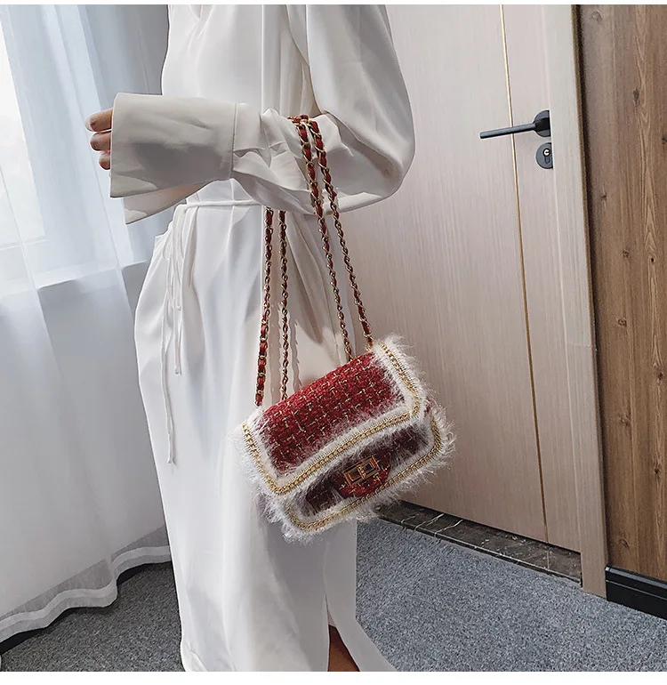 2019 Winter Top Brand Luxury Design Handbag Purse for Women Classic Tweed Flap Shoulder Bag Ladies Wool Plaid Mini Crossbody Bag (8)