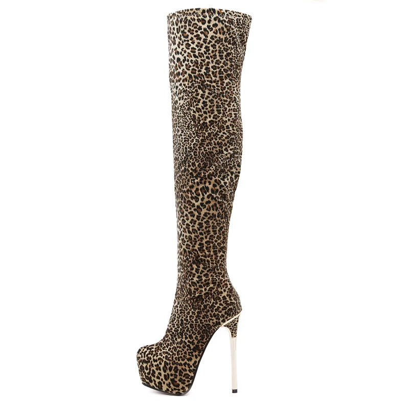 NIUFUNI/ г. Женские ботфорты выше колена леопардовые высокие сапоги до бедра на платформе с круглым носком женская теплая зимняя обувь на высоком каблуке 16 см