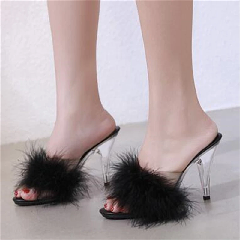 Plus Size 34 44 45 Woman Sexy Slippers Female 7/10CM Feather Party High Heels Shoes Women Summer Fur Transparent Slippers - AliExpress