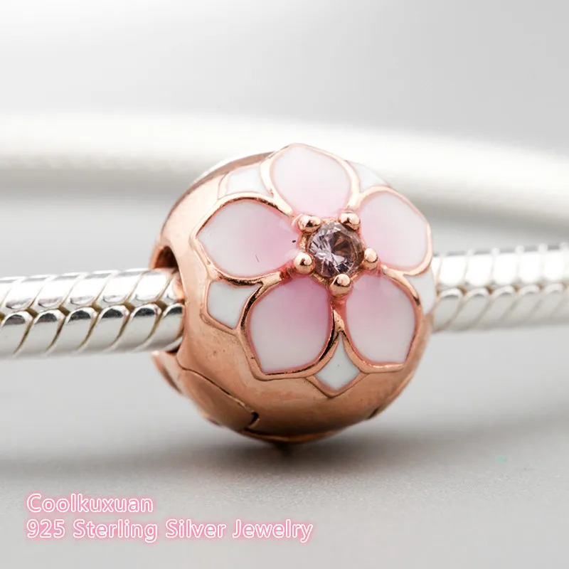 

Spring 925 Sterling Silver Magnolia Bloom Clip, Blush Pink Crystal & Mixed Charm Beads Fit Original Pandora Charms Bracelet