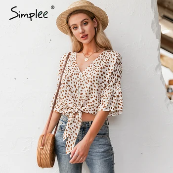 

Simplee V-neck leopard button women blouse shirt Half sleeve casual streetwear female blouse shirt Spring summer holiday tops