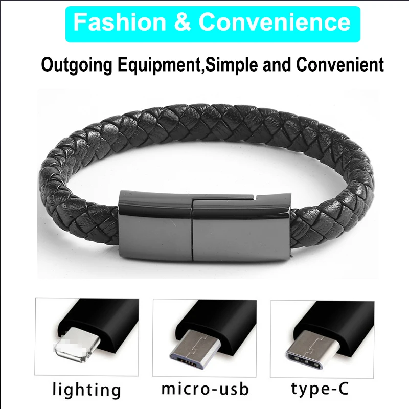 Wearable USB Charging Bracelet Leather Bracelet Charger Cable Type-C USB  Bracelet Charger Data Charging Cable for Cell Phone