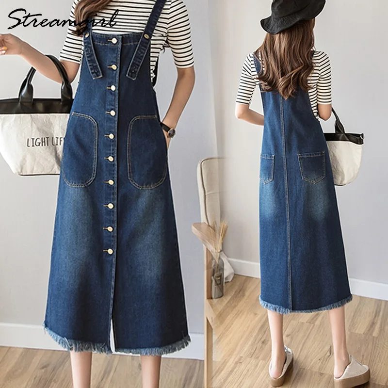 

Streamgirl Ladies Denim Dresses Plus Size Women A Line Cotton Button Denim Dress Overalls With Straps Dress Autumn Dresses 2019