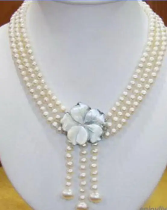 Ювелирные изделия Жемчужное ожерелье 3 ряда с настоящим белым жемчугом белый