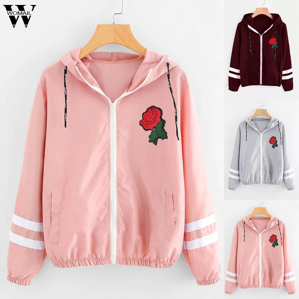 

Womail Women Jacket Fashion Windbreaker Long Sleeve Sport Bomber Thin Hooded Zip Basic Rose Jackets Outwear Casaco Feminino 723
