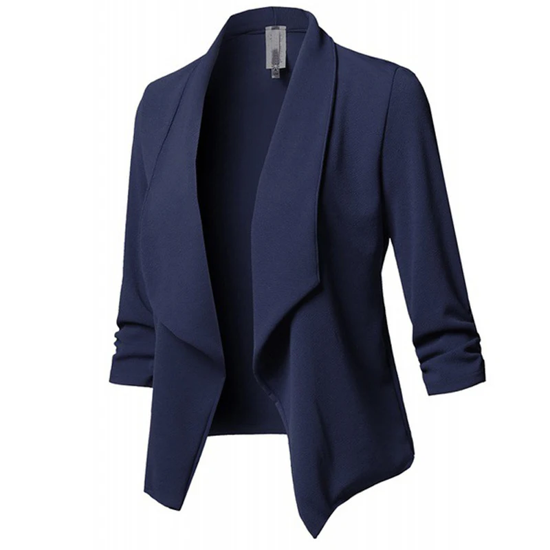 CINESSD женский пиджак пальто зубчатый длинный рукав с рюшами сплошной хлопок Повседневный тонкий пиджак костюм Офисная Леди Темно-Синий блейзеры пальто