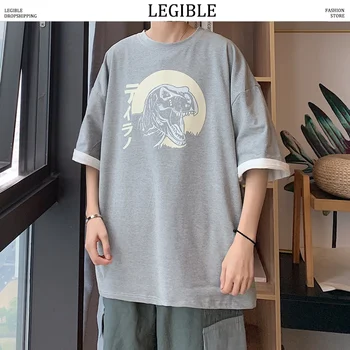 

LEGIBLE 2020 Summer Japanese Oversize Cotton Men Tshirt Korean Fashion Loose T Shirt Men O Neck Casual Printing T-Shirt