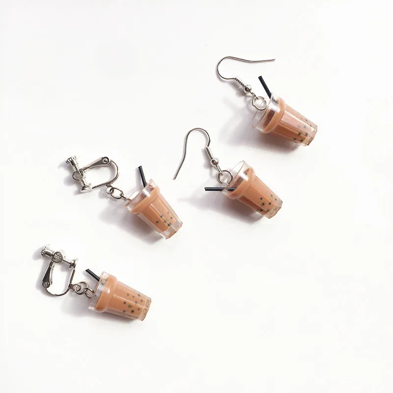 Simulation Pearl Milk Tea Resin Earrings for Women Cute Funny Ear Clips Juice Bottle Jewelry Kids Accessories School Girl Gifts | Украшения