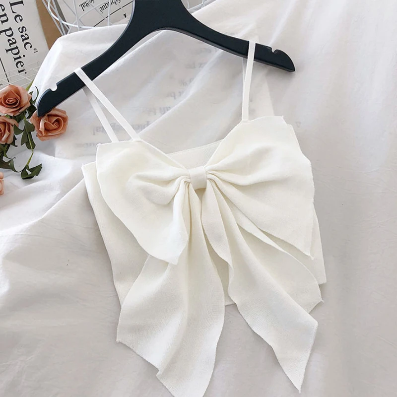 New Summer Womens Clothes Bow Straped Solid Pattern Knitted Camis Girls Lady Elegant Camisoles Tops Crop Top