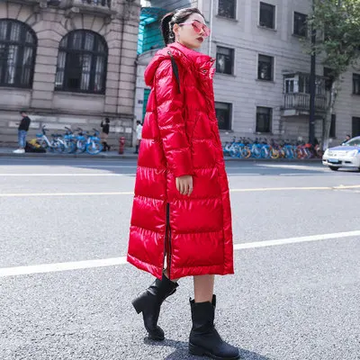 Red Корейский красный глянцевый длинный пуховик с капюшоном, хлопковая куртка и пальто для женщин, зимние свободные толстые теплые парки, Женское пальто - Цвет: Red