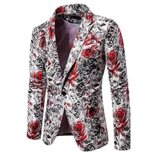 Puimentiua Men's Blazer Rose Print Velvet Pattern Blazer Business Casual Men's Slim Suit Jacket Wedding Party Blazer NEW