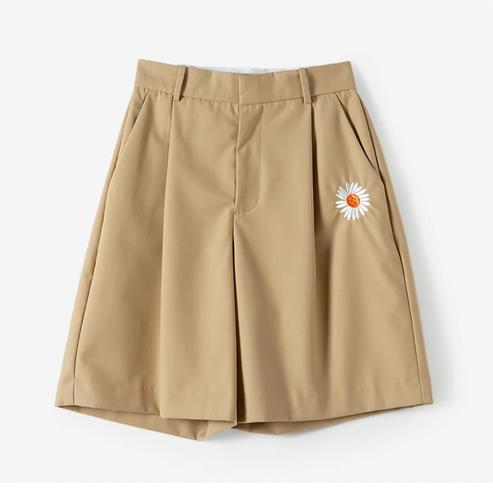 Женские шорты-бермуды с высокой талией вышивкой маргаритки Цвета Верблюда
