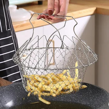 

New Telescopic Folding Chef Frying Basket Strainer Basket Colander Stainless Steel Cooking Basket for Steaming Straining Rinsing