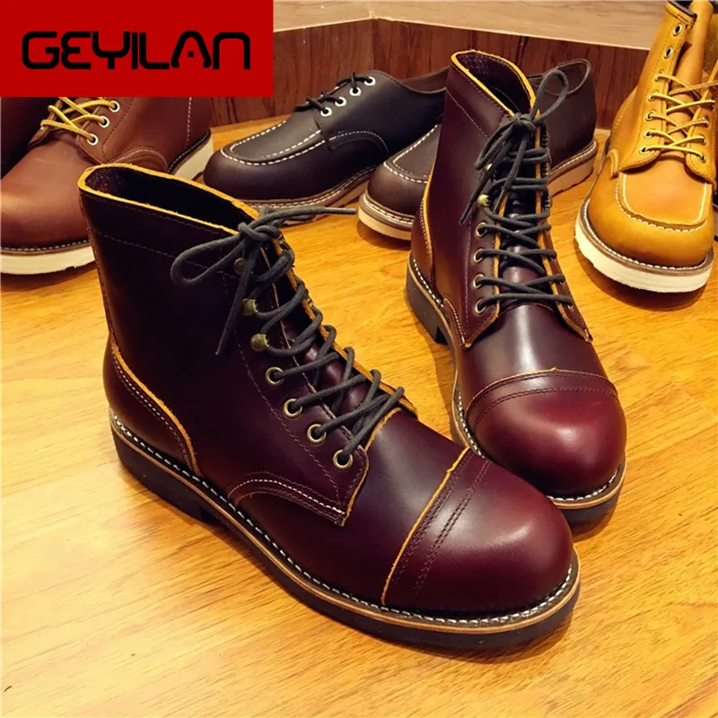

Handmade Genuine Leather Original Unisex Spring Winter Boots Men Wing Motorcycle Fashion Work Wedding Boots Wine Red Color