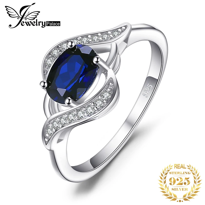 Jewelrypalace 만든 블루 사파이어 925 스털링 실버 반지 여성 성명에 대 한 헤일로 약혼 반지 타원형 보석 쥬얼리