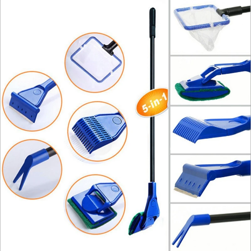 

5 in 1 Aquarium Tank Clean Tool Set Fish Net Gravel Rake Algae Scraper Fork Sponge Brush Glass Cleaner Aquarium Cleaning Tools