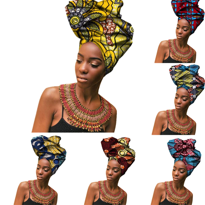 

African Danshiki Dresses for Women Auto Gele Nigerian Headtie 100%Cotton Print Design Africa Ankara Style Turban Ladies Scarf