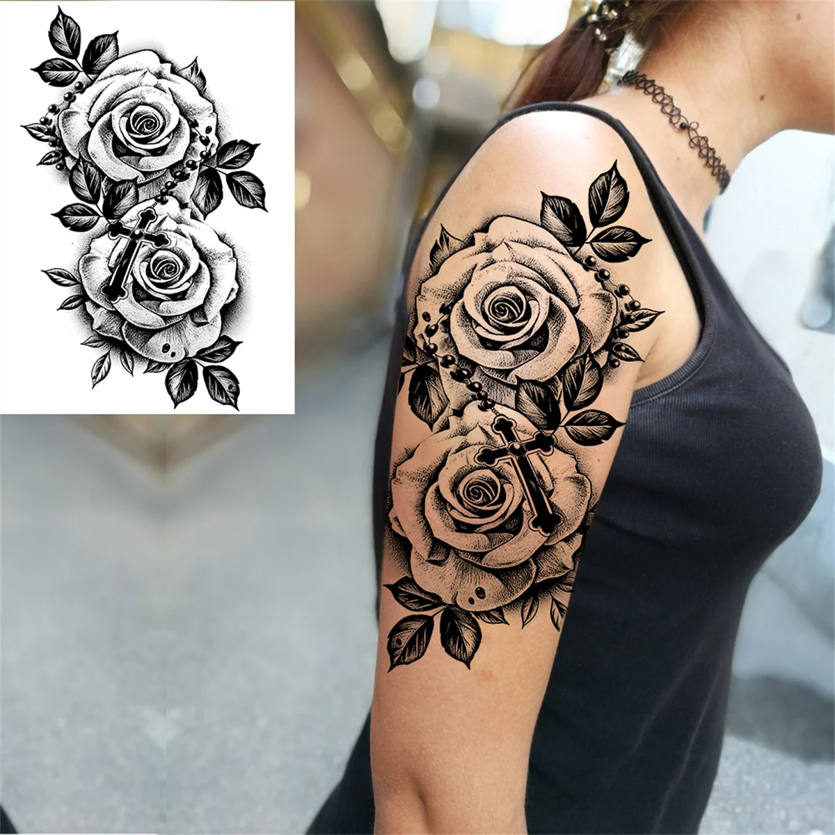 Briyhose 10 Sheet Realistic Floral Dragon Tattoo Temporary Thigh Tattoos  For Women Adults, Large 3D Color Black Flower Rose Dragon Sleeve Fake Arm