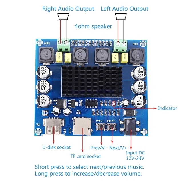 

A7-- Audio Stereo Digital Amplifier High Power Module TDA3116D2 DC 24V 50W+50W 50W*2 Dual Channel USB + TF Card Decoding Playbac
