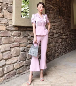 

2020 Summer Fashion Suits & Sets Women V-Neck Single Breasted Short Sleeve Pink Shirts+Flare Leg Ankle Length Pants Set Female