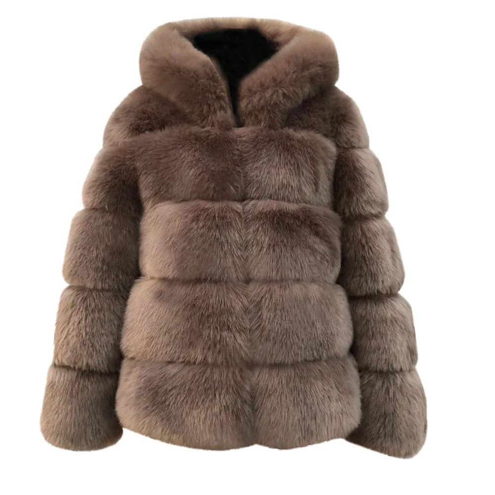 Женская винтажная куртка с капюшоном, пушистое пальто из искусственного меха, Короткая Меховая зимняя теплая верхняя одежда, пальто, Осенние Повседневные Вечерние пальто, 19Aug - Цвет: Brown