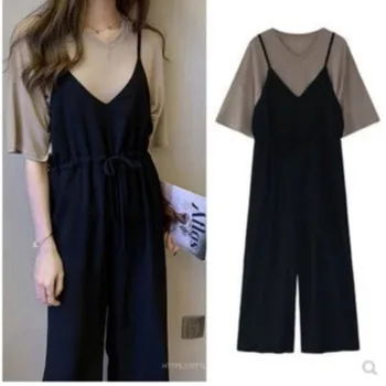 

2020 Summer Fat mm New Style Large Size Dress Fashion Casual Solid Color T-shirt Two-Piece Set Onesie Capri Pants