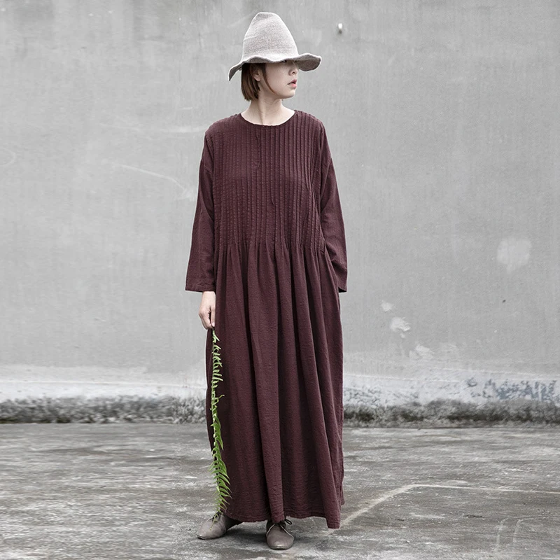 

Johnature New Retro Fashion Pockets O-neck Solid Color Plus Size Dress 2019 Autumn Loose Comfortable Long Sleeve Women Dresses