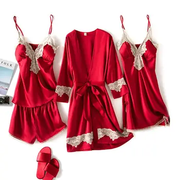 

4PCS Sleep Set Satin Silky Homewear Nightwear Women Lace Kimono Bathrobe Gown Bride Bridesmaid Wedding Robe Home Clothes